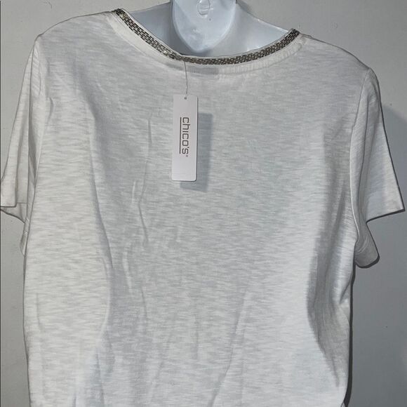 CHICO’S Alabaster Beaded V Neck Short Sleeve Top-1/Medium NWT! - Picture 5 of 9